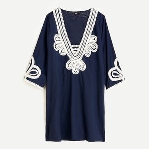 J CREW Navy Ivory Cotton Swim Cording Embroidered Tunic Beach Cover Up Large